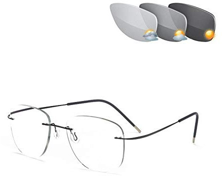 CAOXN Ultraleichte Titan Lesebrille Randlose Pilot Sonnenbrille Für Herren Und Damen Mit Photochromem Übergang Uv400 Presbyopic Eyeglasses Readers,Black+250