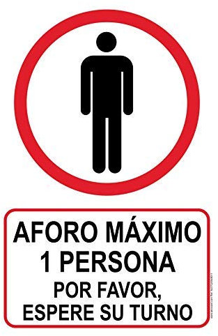 akrocard - Cartel Resistente PVC - AFORO MÁXIMO 1 PERSONA - Señaletica medidas basicas de seguridad- señal Ideal para comercios, tiendas, locales