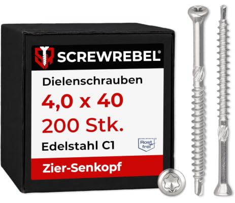 Dielenschrauben Edelstahl 4 x 40 mm, 200 Stück, TX15, kleiner Kopf, Teilgewinde, Bohrspitze, Reibteil