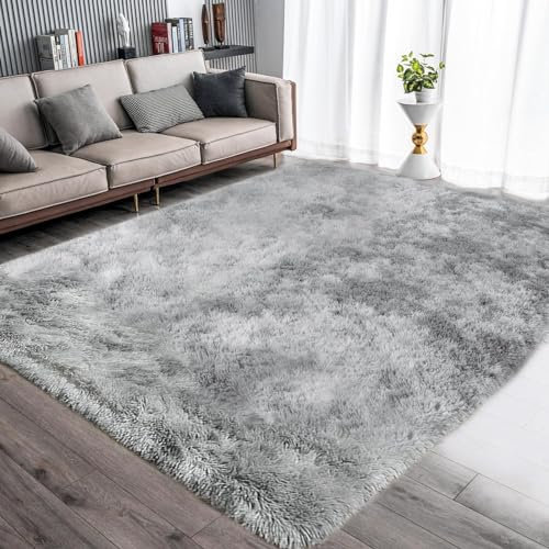 Calore Tappeto Salotto, Peloso Tappeti Moderni Soggiorno, Moderno Tappeto Camera da Letto, Shaggy Tappeti Morbido e Soffice per la Camera (grigio bianco, 120 x 160 cm)