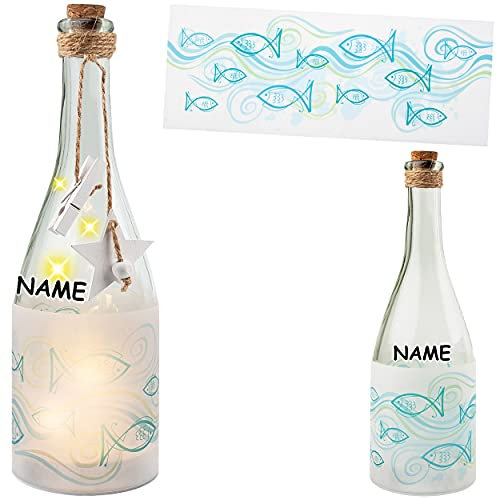 alles-meine.de GmbH 3 Stück Glas - Lichterflaschen Motiv frei wählbar 6 Stück LED Fische Ichthys - Kirche & Glaube - Gott - türkis - Feier & Fest inkl. Name - Timer Fun..