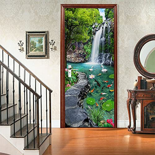 A.Monamour Sticker Porte Autocollant Poster De Porte 3D Poisson Cygnes dans Le Lac Vert Arbre Montagne Cascade Paysage Vinyle Affiche De Porte Sticker Mural Papier Peint Art Décor 85 x 200 cm