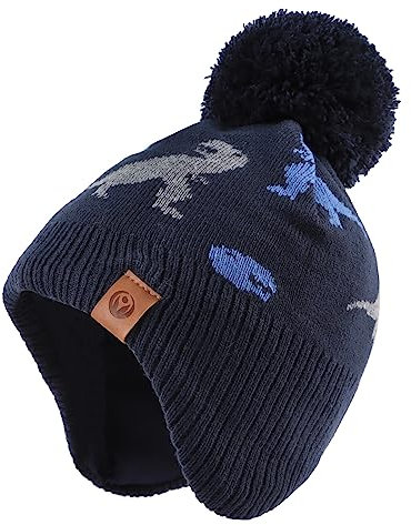 XIAOHAWANG Baby Strickmütze Winter Babymütze Junge Warme Kindermütze Junge Beanie Mütze Dicke Wintermütze für Herbst,Winter(Marine Dinosaurier Hut, 2-4Jahren)