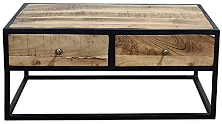 SAM Couchtisch Nagar 1, Akazienholz massiv & naturfarben, Beistelltisch mit Zwei Schubladen, Sofatisch mit Metallgriff und -Rahmen, 90 x 50 x 40 cm