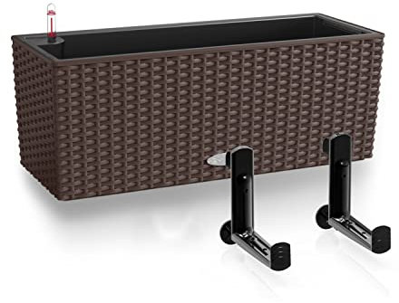 Lechuza Balconera Cottage 50 Jardinière en polyrésine avec système d'arrosage automatique Moka 19 x 50 x 19 cm + supports de balcon Noir