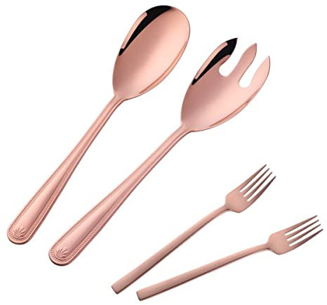TUPMFG 30 cm Edelstahl Salatbesteck, Roségold Salatlöffel & Salatgabel mit 2 Gabeln, Salat Besteck Set für Zuhause & Camping, spülmaschinenfest