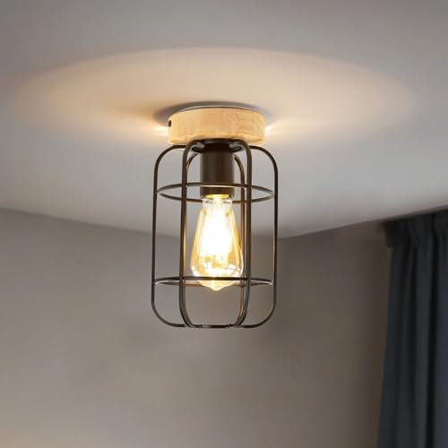 Licht-Erlebnisse Deckenleuchte Metall Holz Draht Schirm E27 Braun Schwarz rund DYK Deckenlampe Flur Wohnzimmer
