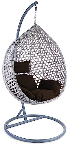 RAMROXX Luxus Hängesessel Style XXL Polyrattan Korb grau Gestell grau Kissen Dunkelbraun