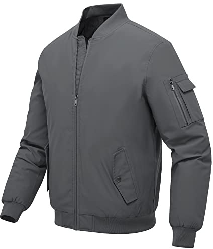 donhobo Men's Winter Flight Jackets,Mens Baseball Bomber Jacket Winter Windproof Warm Coats with Zipper Pockets Grey S