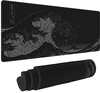 Tapis de souris XL, revers en caoutchouc antidérapant avec bords cousus pour ordinateur de bureau, grand tapis de souris de jeu, 80 x 30 cm, motif de la peinture de la Grande Vague de Kanagawa, noir