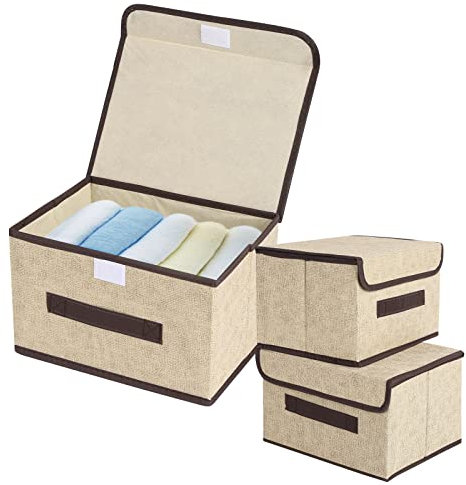 3 Pack Foldable Storage Boxes with Lid and Handle, Collapsible Storage Bin 25x19x16cm, Fabric Storage Basket Organiser Box Foldable Storage Basket for Wardrobes, Clothes, Books, Cosmetics, Toys