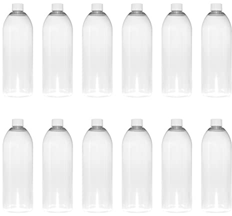 TEC 1 Litre Pet Plastic Bottles with 28/410 White Lids (65) | UK Made Caps Clear Empty Containers Tall Boston Round 30% Recycled RPET and Fully Recyclable