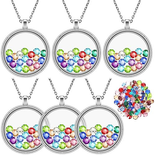 Highergo 6 Pcs Locket Necklace DIY Floating Round Locket Pendant Floating Memory Necklace for Women Friendship Memory Nostalgic, Glass, No Gemstone