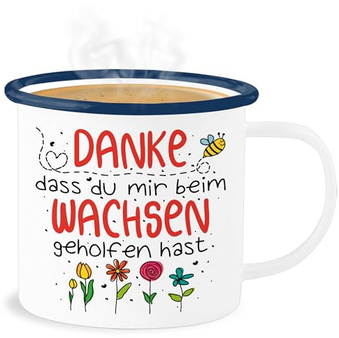 Emaille Becher Blechbecher - Tassen - Danke dass du mir beim Wachsen geholfen hast - Abschied Erzieher Erzieherin - 300 ml - Weiß Blau - für kindergärtner bee tasse beruf und job geschenke kita
