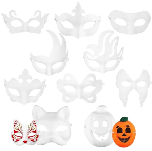 LUKIUP 10 Stück DIY Weiße Papier Maske, Maskerade Maske, Halloween Theathermaske zum Bemalen Unbemalt Masken für Kinder Frauen Männer Karneval, Fasching, Party Cosplay, Tier