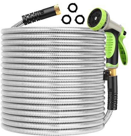 Kofero Metal Garden Hose 100ft Flexible Stainless Steel Water Hose Heavy Duty Lightweight Quick Connect Fittings Strong Durable Kink Free Long Hose with 10 Function Nozzle for Outdoor Yard