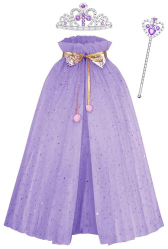 NebulaGlam Cape de Princesse, Costume Princesse Coloré Cape, Déguisement Coloré Cape pour Fille, Cape Princesse pour Enfants avec Couronne, Baguette, pour Fêtes, Jeux de Rôle, Carnaval (Violet)