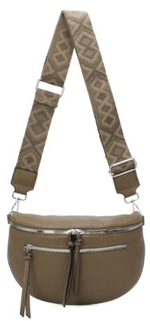 Damen Tasche Crossbody Schultertasche Gürteltasche Brusttasche Hüfttasche Bauchtasche Umhängetasche Cross-Over Bodybag Handytasche Geldtasche Kosmetiktasche Leder Optik Taupe S mit RV vorn