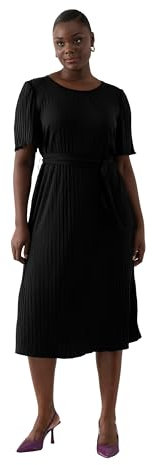 Ulla Popken Damen große Größen Übergrößen Plus Size Plissee-Midikleid, A-Linie, Rundhals, Gürtel, Halbarm schwarz 54+ 824944100-54+