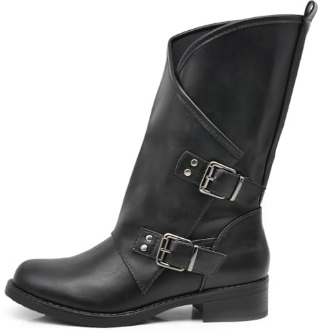 IF Fashion Scarpe da Donna Stivali Stivaletti Biker Fibbie Anfibi Polpaccio Largo YY-58 Nero 39