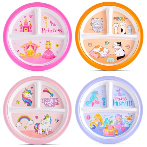 Hushee Lot de 4 assiettes à dîner réutilisables à 3 compartiments pour filles et garçons - 24 cm - Assiettes divisées pour licorne, princesse, sirène, chat, école, fête
