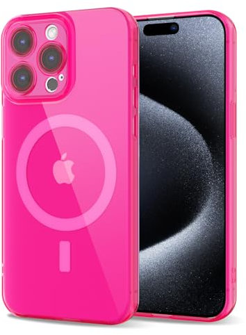 Svanove for iPhone 15 Pro Case Clear Compatible with Magsafe, Fluorescent Transparent Magnetic Magnet Mag Case, Slim Thin Bright Silicone Grip & Shockproof Bumper Camera Cover, Neon Hot Pink