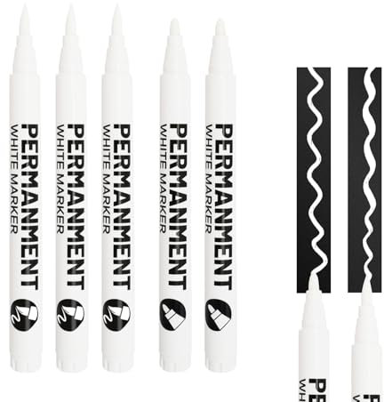 5 PCS White Permanent Marker Pen for Black Paper, Sharpie Waterproof Quick Drying for Wood Fabric Rock Glass Plastic (1-2mm 2 Pieces, 0.5-5mm 3 Pieces)