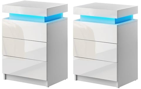 CLIPOP Nachttisch 2er Set mit LED-Beleuchtung,Einstellbare Farben,Beistelltisch Nachtschrank mit 3 Schubladen und 1 Verstecktes Staufach,Hochglanz Wohnzimmer Schlafzimmer Möbel