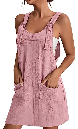 Mini abito da donna senza maniche, gonna a salopette, abito estivo da donna, abito estivo, abito da spiaggia, con tasche, Colore: rosa., XL