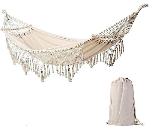 SerendipitousWhisper Heavy Duty Indoor Outdoor 2 Person Macrame Hammock Bohemian Style Double Hammock With Spreader Bar And Tassels For Bedroom Patio Porch Backyard Wedding Decoration
