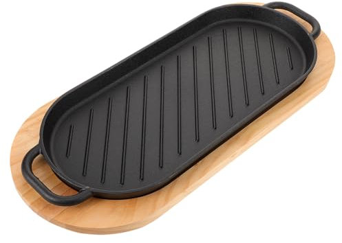 Mikinona Piatto Da Portata Per Bistecche in Ghisa Con Doppia Maniglia Padella Per Bistecche Con Base in Legno Padella Versatile Per Cucinare