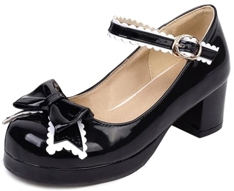 Damen Blockabsatz Mary Jane mit Plateau Bogen Mitte Absatz Schuhe Runde Zehen Schnalle Elegant Pumps, Gr 33.5-46