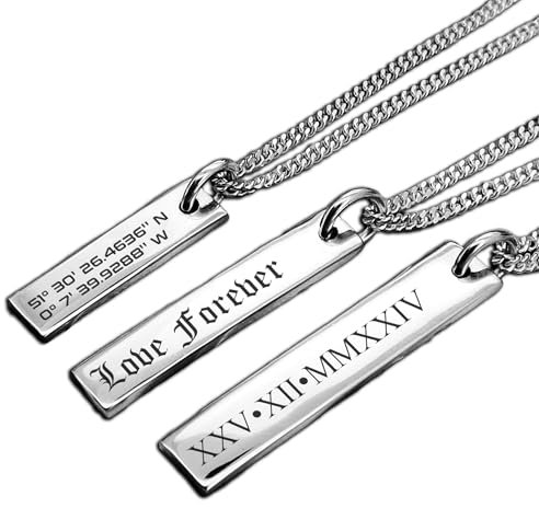 Personalised Sterling Silver Bar Necklace – Engraved Name, Date, Coordinates – Custom Gift for Men & Women, Anniversary, Wedding, Birthday, Memorial, Graduation, Valentine’s Day- KIMNKIM (1. Small)