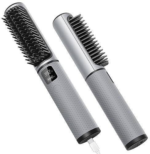 Cordless Hair Straightener Brush, iTayga Portable Hair Straightener Brush for Women with Travel Size, 2 in 1 Negative Ion Hair Straightener Styling Comb, USB Rechargeable 5000MAH, Gray