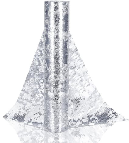HIYAA Chemin De Table Filet avec Feuille d'argent 29cmx10m, Chemin De Table Polyester,Ruban De Table Métallisé Décoration pour Fête,Célébrations,Anniversaire, Mariage, Noël, Fêtes De Bébé,DIY,etc.