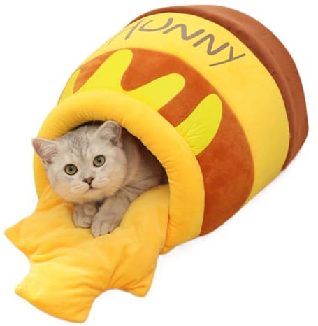 Honeypot Semi-Enclosed Cute Cat Cave Tent Bed, Removable Cushion, Warm Nest for Small Cats & Dogs