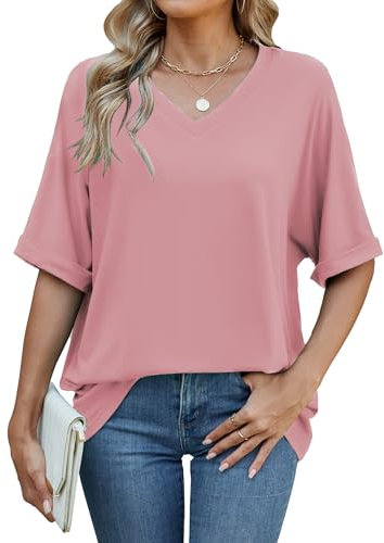 Famulily Ladies Summer Basic Comfy T Shirt Women Oversized Tunic Tee Tops Casual V Neck Baggy Tshirts (XL, Pink)