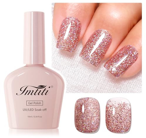Imtiti Smalto per unghie in gel glitterato, 1 pezzo di smalto in gel oro rosa, smalto scintillante a LED UV, lunga durata, manicure da salone fai da te a casa per le donne (10ML-959)