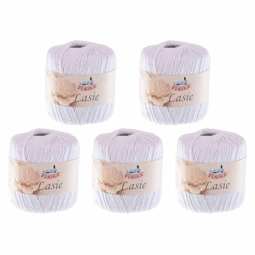 5 Knäuel Häkelgarn Lasie je 150m/50g mit Glitzer Sommergarn Strickgarn Glitzerwolle 15 Farben, Farbe:weiß