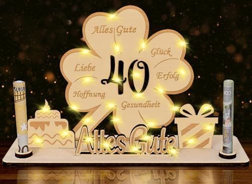 40 Geldgeschenke Geburtstag für Männer Frauen,LED Kleeblatt Glück 40. Geburtstag Geschenke Frau Mann,40 Geburtstag Geldgeschenke Verpackung für Männer Frauen,Holz Gästebuch Personalisierbare Tischdeko
