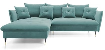 DomoHome Ecksofa Glam mit Schlaffunktion, Freistehend, Ottomane und Goldenen Füßen – Samtsofa im Glamour-Stil für Ihr Wohnzimmer, mit Zierkissen, 258x167x91cm, Linke Seite MÜNZE