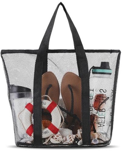 MBAIYO Groß Netz Strandtasche, Mesh Beach Bag für Sandspielzeug Faltbare Handtaschen mit Reißverschluss Wasserdicht Badetasche Netztasche für Strand Urlaub Reise Fitnessstudio