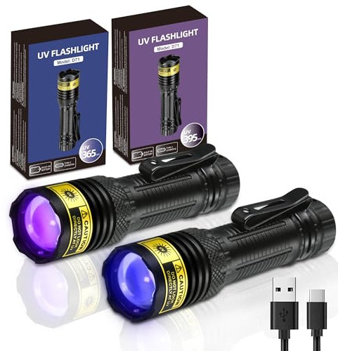 DARKDAWN UV-Taschenlampe, 365 & 395 nm, Schwarzlicht, Mini-USB, wiederaufladbar, UV-LED, Schwarzlicht, Holzlampe, leistungsstarker fluoreszierender tragbarer Detektor für Haustier-Urinflecken, Geld