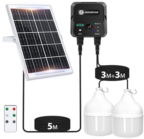 Aigostar- Ampoule solaire exterieur à suspendre 70W, câble de 11M, étanche IP65. Lampe solaire avec detecteur de mouvement et télécommande pour intérieur, patio, porche, couloir, entrée du garage