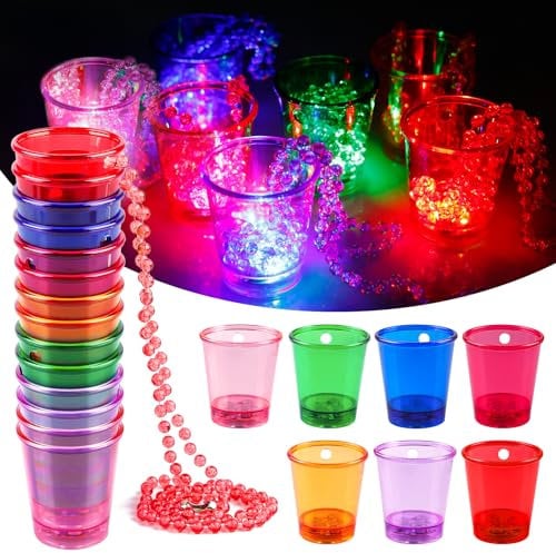 Shot Glasses with Chain, Pack of 14 Colourful Luminous Shot Cups with Chain, Shot Glass for Hanging, Reusable, Cup for Hanging Bachelorette Party, Neon Party and Christmas (7 Colours)