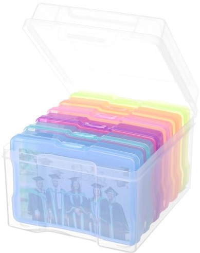 COSICS Photo Storage Box 5 x 7, Extra Large Transparent Plastic Photo Organizer Craft Keeper with 6 Colorful Inner Case for Cards, Pictures, Stamps, Stickers, Seeds, Office Supplies