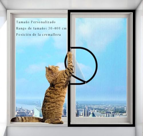 Lesone Red de Protección para Gatos con Cremallera, Malla para Mosquitera de Fibra de Vidrio, Protección contra Mosquitos y Moscas, Malla Autoadhesiva para Ventana/Balcón