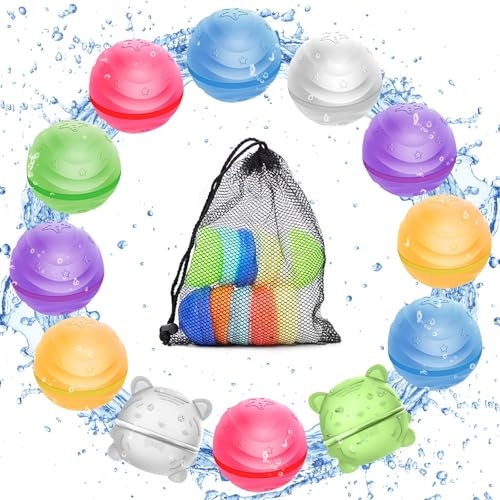 12 Stück Wasserbomben Selbstschließend Wiederverwendbar, Schnellfüller Wasserbomben Silikon Spritzbälle für Kinder Erwachsene, Wasserbomben Silikon für Outdoor, Wasserpark,Wasserspielzeug