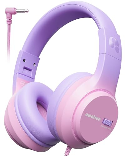 awatrue Auriculares Niños, 74/85/94dB Volumen Seguro, Sonido Estéreo, Plegable, 3,5 mm Jack Over Ear Auriculares Niña para iPad, Tabletas, La Escuela, de Viaje (Morado Rosáceo)