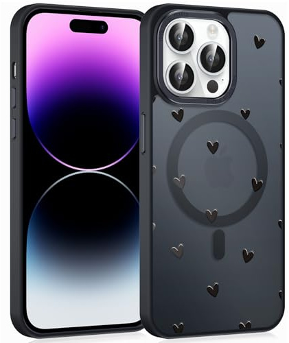 Xylota Magnetic Cover for iPhone 14 Pro Max 6.7 Inches, Aesthetic Heart Design Girls Case Compatible with MagSafe, Translucent Matte Ultra Thin TPU Hard PC Shockproof Girls Protective Case, Black